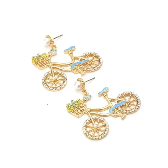 Anthropologie Blue Sweet Flowers Bicycle Crystal Earrings - Picture 5 of 11